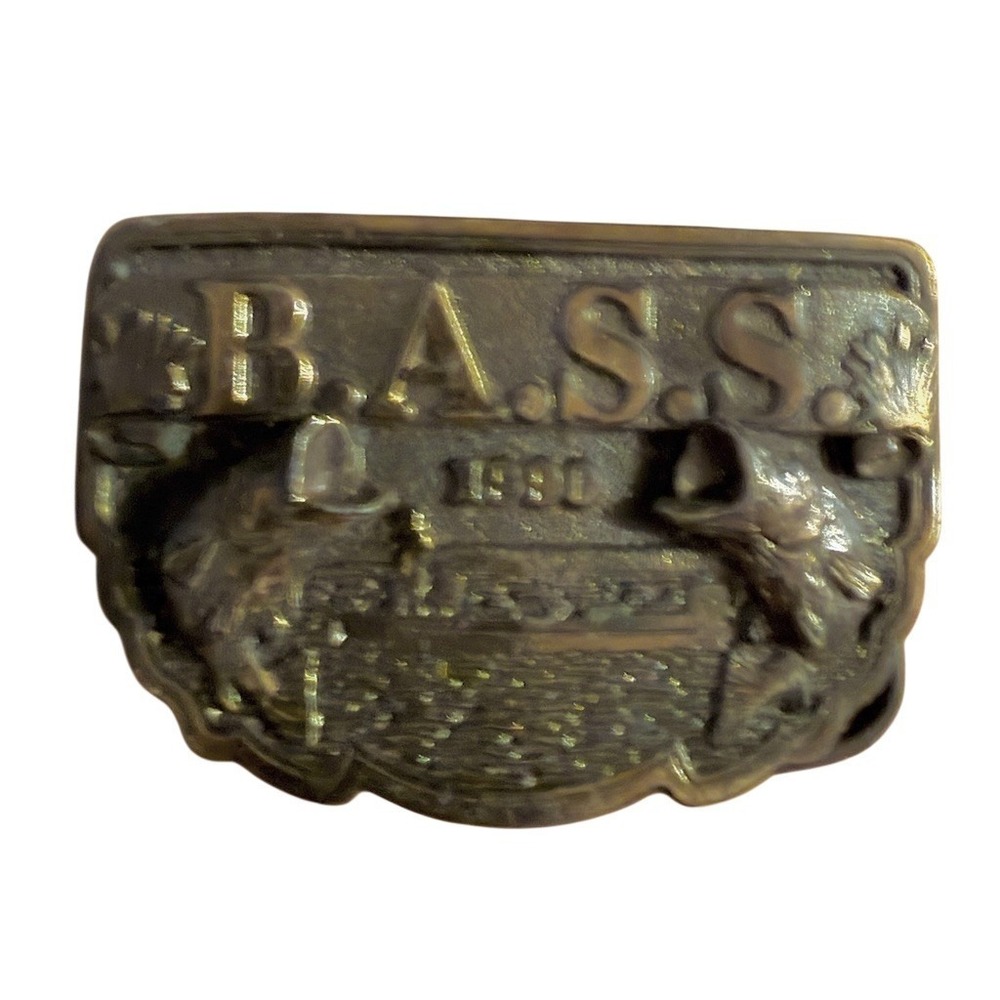 B.A.S.S. Belt Buckle Mens Gold Vintage 1990 Fishing Bass Outdoors sportsman